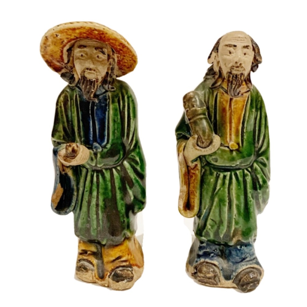 Vintage Ceramic Chinese Men Figurines Figure Set Green Robes Sun Hat Beard Decor